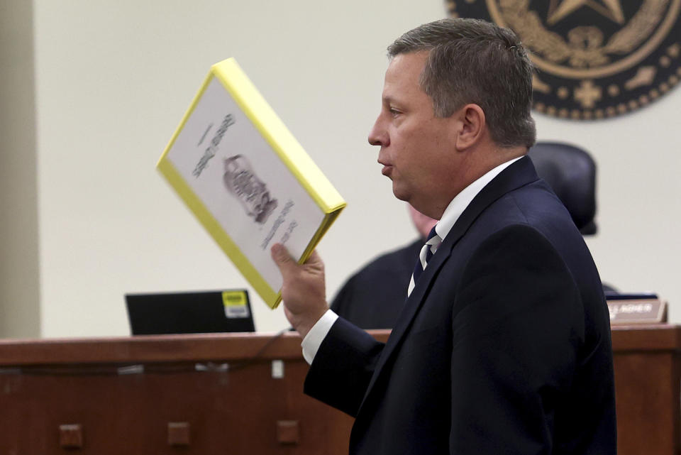 Attorney Miles Brissette gives the opening statement for the defense in the murder trial of former Fort Worth Police Officer Aaron Dean on Monday, Dec. 5, 2022, in Fort Worth, Texas. Dean fatally shot Atatiana Jefferson, a Black woman, through a window of her own Fort Worth home during a police call in 2019. (Amanda McCoy/Star-Telegram via AP, Pool)