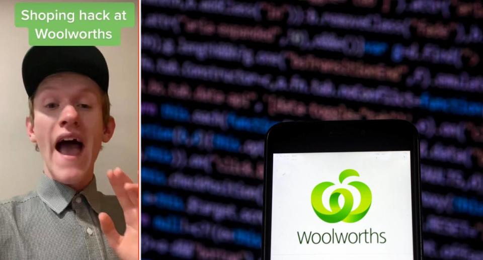 Liam Kirley in the video (left) Woolworths app (right). Source: TikTok/@woolworths_au (left), Getty Images (right)