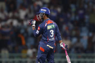 Lucknow Super Giants' Ayush Badoni celebrates scoring fifty runs during the Indian Premier League cricket match between Lucknow Super Giants and Delhi Capitals in Lucknow, India, Friday, April 12, 2024. (AP Photo/Surjeet Yadav)