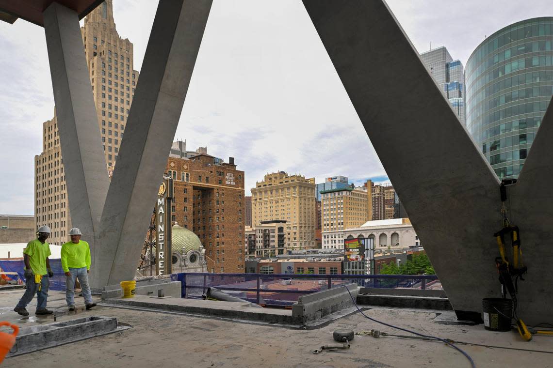 Overlooking downtown, an expansive out door space was still under construction on Wednesday, May 31, 2023, at Three Light, a luxury apartment building at 1477 Main St., in Kansas City. Three Light plans to open in September.