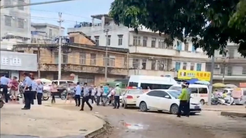 The area outside the kindergarten was cordoned off by police after the attack on July 10, 2023. - Video obtained by Reuters