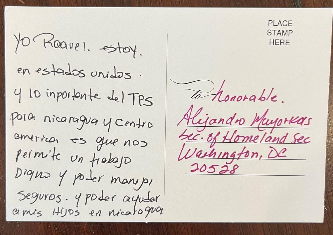 One of the postcards from a South Florida campaign asking Department of Homeland Secretary Alejandro Mayorkas to grant Temporary Protected Status, a form of immigration relief, to Nicaragua and other Central American nations.