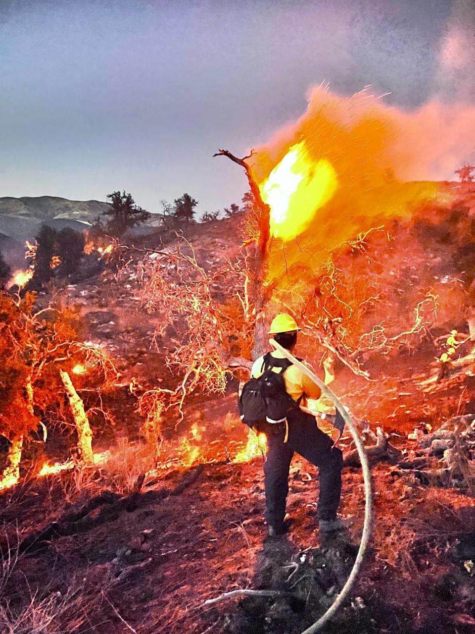 A firefighter battles the Rinconada Fire next to Rinconada Ranch on the north side of Highway 166, halfway between New Cuyama and Santa Maria.