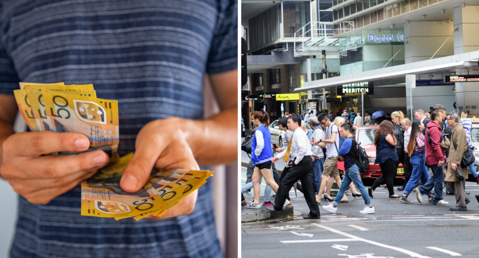 Composite image of person with Australian money and people crossing the street. High paying jobs concept.