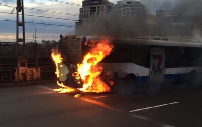 The back of the bus was covered in flames. Image: 7 News.