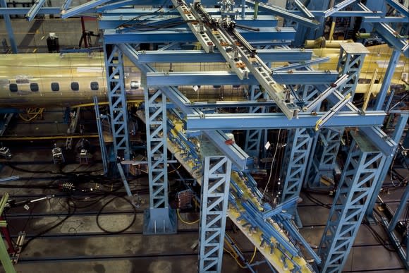 Airplane under construction at assembly plant