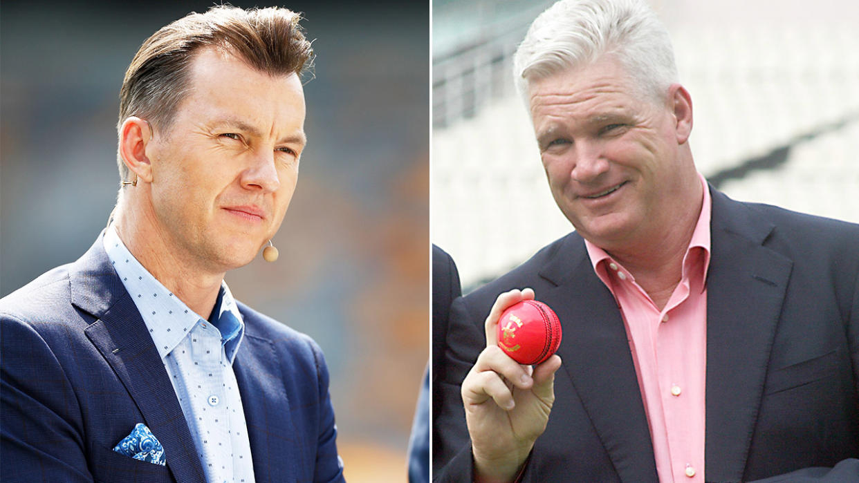 Brett Lee (pictured left) during commentary and Dean Jones (pictured right) holding a cricket ball for a photo.