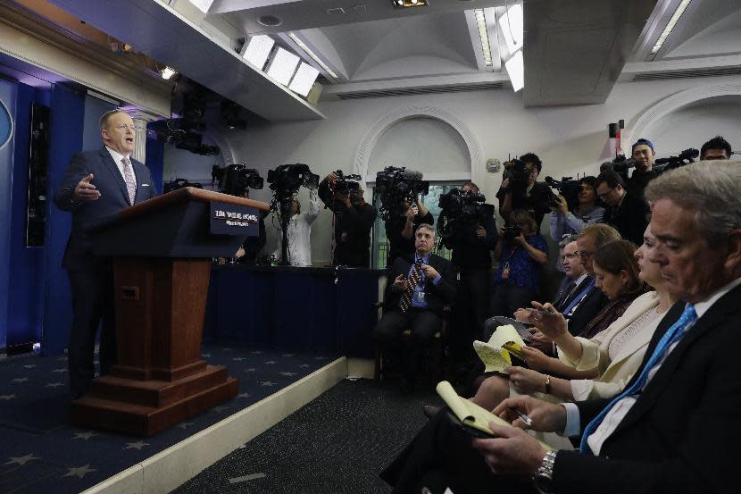 White House press Secretary Sean Spicer speaks during the daily White House briefing, Monday, Jan. 23, 2017, in the briefing room of the White House in Washington. (AP Photo/Evan Vucci)