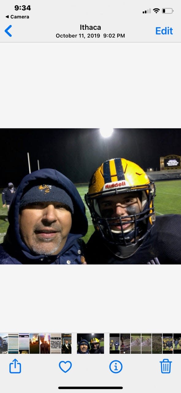 Ithaca coach Terry Hessbrook, left, and his son Brady.