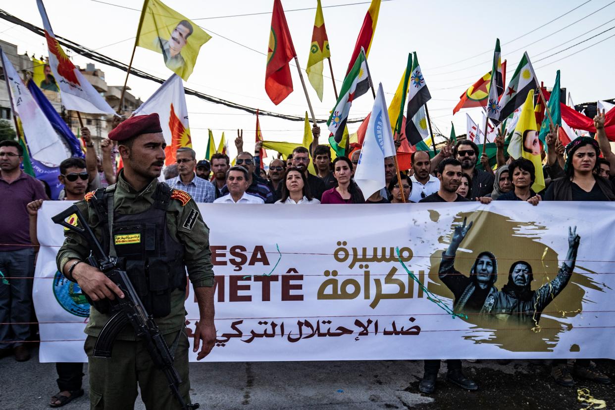 Syrian Kurds demonstrate against a Turkish offensive on Kurdistan Workers' Party areas in Iraq.