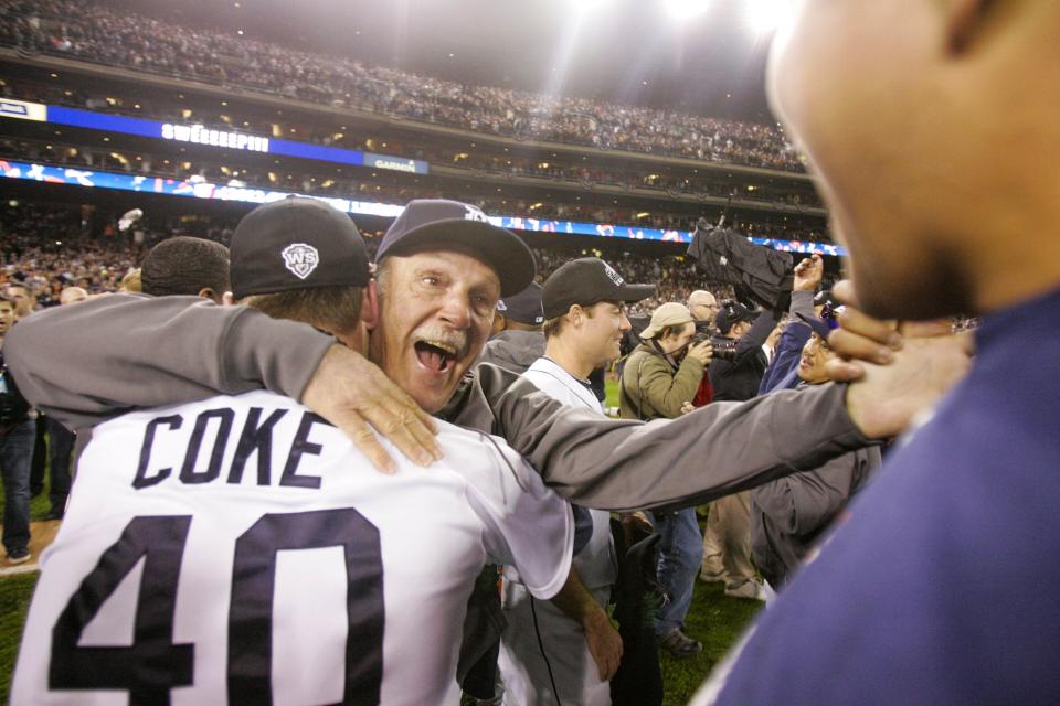 Tigers manager Jim Leyland hugs pitcher Phil Coke after winning Game 4 of the American League Championship Series between the Detroit Tigers and the New York Yankees at Comerica Park in Detroit on Thursday, Oct. 18, 2012. KIRTHMON F. DOZIER/Detroit Free Press