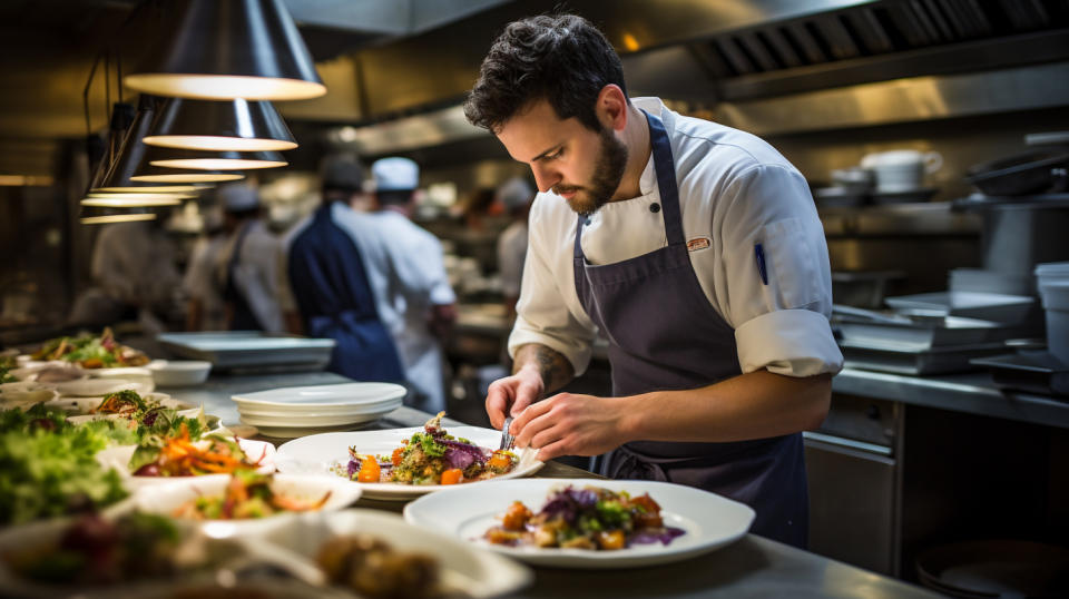 A busy restaurant kitchen with a chef carefully plating a meal.