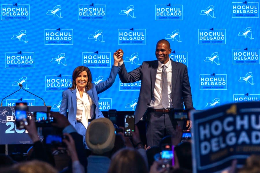 New York Lt. Gov. Antonio Delgado (right) cited misinformation as one of the roots of the hate-based violence the state administration headed by Gov. Kathy Hochul (left) is trying to combat. Above, the two celebrate their November election victory. (Photo by Alex Kent/Getty Images)