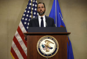  Special Counsel Jack Smith delivers remarks on a recently unsealed indictment against former President Donald Trump at the Justice Department on June 9, 2023, in Washington, D.C. Smith in a separate election interference case on Monday, Dec. 11, 2023, asked the U.S. Supreme Court to expedite a decision on Trump’s claims of presidential immunity. (Chip Somodevilla/Getty Images)