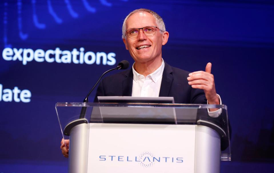 Carlos Tavares, CEO of Stellantis, talks with investors at the company amphitheater during Stellantis Investor Day at their corporate headquarters in Auburn Hills on Thursday, June 13, 2024.