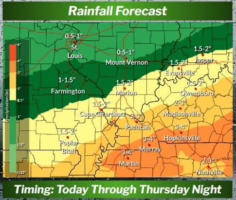 Rainfall totals expected through Thursday night in the lower Ohio Valley.