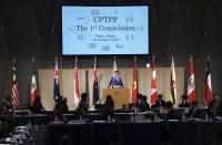 Japan's Prime Minister Shinzo Abe delivers a speech during an opening session of the Comprehensive and Progressive Trans-Pacific Partnership (CPTPP) in Tokyo, Saturday, Jan. 19, 2019. Trade ministers of a Pacific Rim trade bloc are meeting in Tokyo, gearing up to roll out and expand the market-opening initiative. (AP Photo/Eugene Hoshiko)