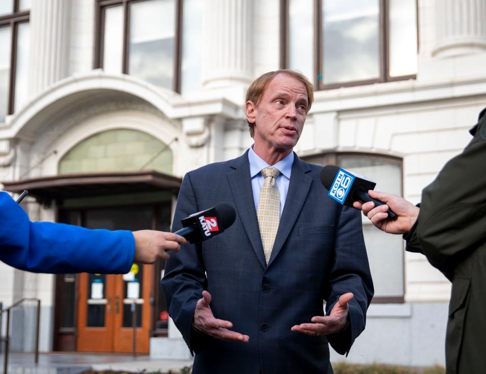 Senator Tim Knopp, R-Bend takes questions from the media after the hearing of oral arguments in front of the Oregon Supreme Court on Thursday.