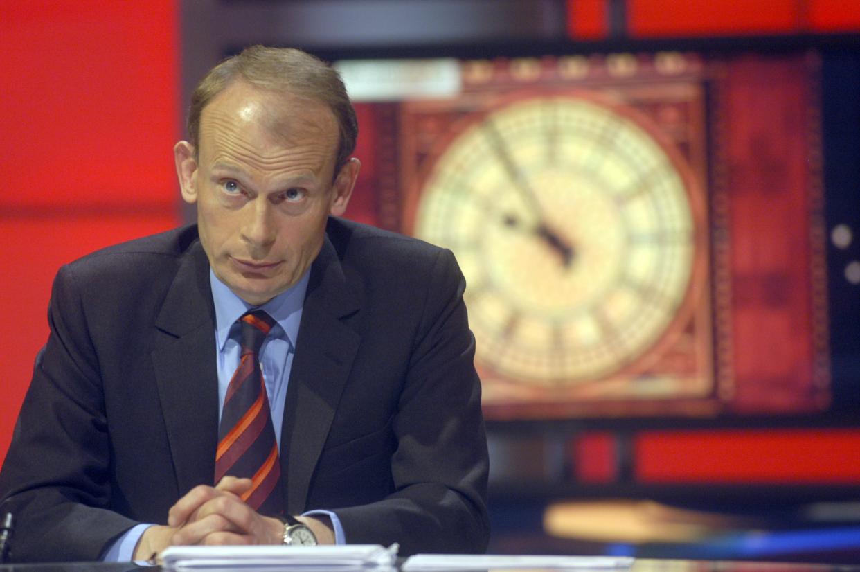 Andrew Marr in during rehearsals in the BBC Election 2005 studio (Photo by Jeff Overs/BBC News & Current Affairs via Getty Images)