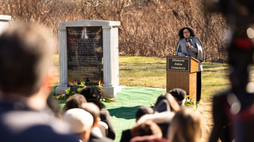 Michelle Wilder Thornhill speaks during a ceremony at Eden Cemetery. - courtesy Penn Museum