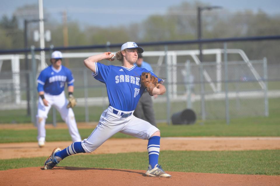 Sartell's Tory Lund starts on the mound for the Sabres as Sartell hosted St. Cloud in a baseball game on Thursday, May 12, 2022, at Sartell High School. 