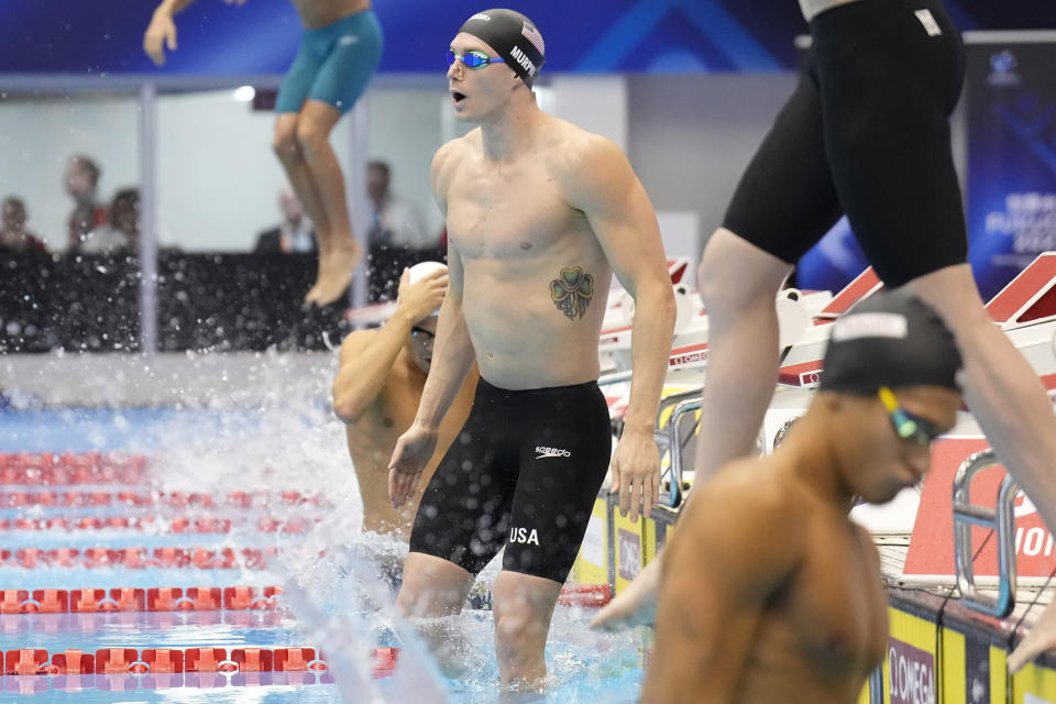 FILE - Ryan Murphy of the U.S. prepares to compete during the men's 200m backstroke final at the World Swimming Championships in Fukuoka, Japan, Friday, July 28, 2023. Fifteen years ago, Michael Phelps won eight gold medals at the Beijing Olympics wearing a revolutionary swimsuit known as the Speedo LZR Racer. The super suit era lasted only one more year, wiped out by a ludicrous assault on the record book, but it still matters what the swimmers are wearing. (AP Photo/Eugene Hoshiko, File)