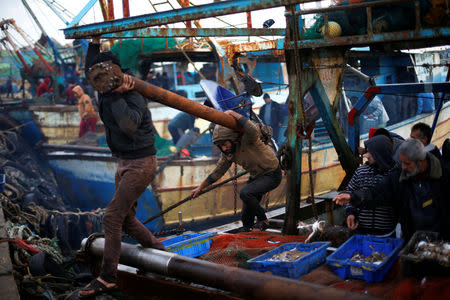 Fishermen disembark a boat as they arrive with their catch at the seaport of Gaza City, after Israel expanded fishing zone for Palestinians April 2, 2019. REUTERS/Suhaib Salem