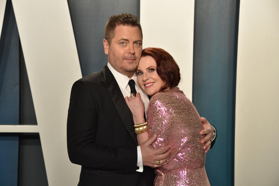 BEVERLY HILLS, CALIFORNIA - FEBRUARY 09: Nick Offerman and Megan Mullally attend the 2020 Vanity Fair Oscar Party at Wallis Annenberg Center for the Performing Arts on February 09, 2020 in Beverly Hills, California. (Photo by David Crotty/Patrick McMullan via Getty Images)