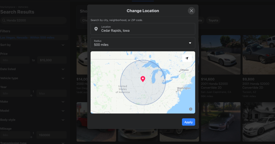 <p>The method is a bit tedious, but from what I've found, it's the quickest, most accurate way to search all of Facebook Marketplace right now. Until the site releases a nationwide filter of its own, it's the best we've got.</p><p>Do you have a different strategy for finding rare cars or great deals on Facebook? Let us know in the comments below. </p>
