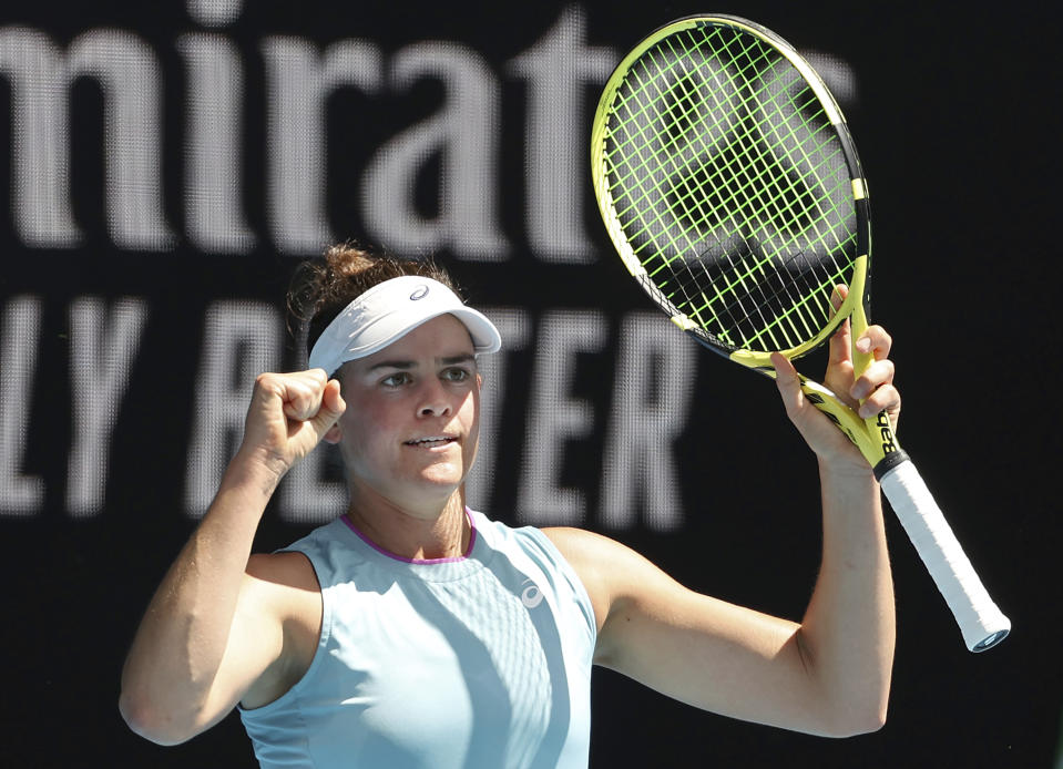 United States' Jennifer Brady celebrates her win over Slovenia's Kaja Juvan during their match at the Australian Open tennis championships in Melbourne, Australia, Saturday, Feb. 13, 2021. (AP Photo/Hamish Blair)