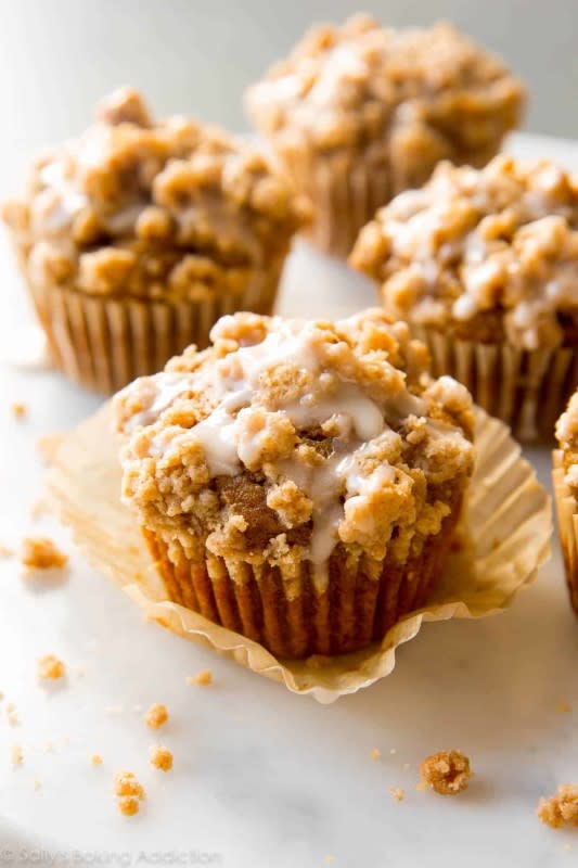 <p>Sally's Baking Addiction</p><p>These super soft pumpkin crumb cake muffins are topped with pumpkin spice crumbs and finished with sweet maple icing. They’re a reader favorite and after baking one batch, you’ll understand why! </p><p><strong>Get the recipe: <em><a href="https://sallysbakingaddiction.com/pumpkin-crumb-cake-muffins/" rel="nofollow noopener" target="_blank" data-ylk="slk:Pumpkin Crumb Cake Muffins;elm:context_link;itc:0;sec:content-canvas" class="link ">Pumpkin Crumb Cake Muffins</a></em></strong></p>