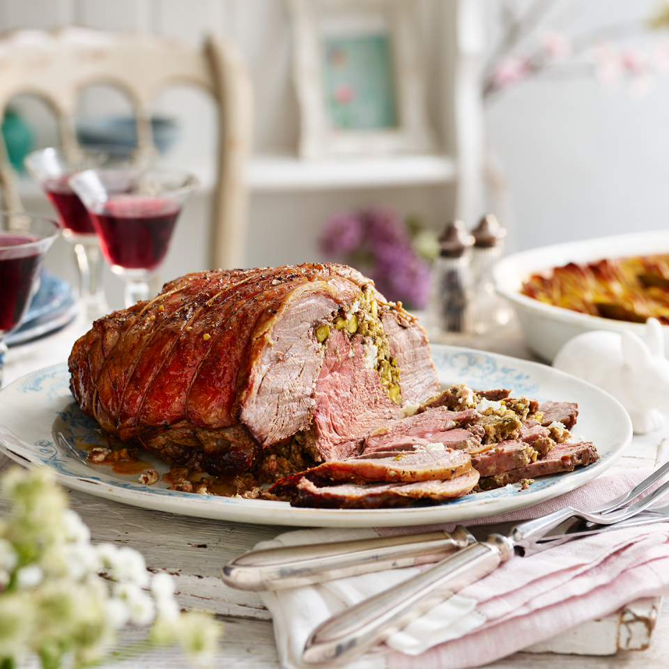 <p>This tasty roast lamb has a Mediterranean twist, with pistachios, oregano and cinnamon in the stuffing.</p><p><strong>Recipe: <a href="https://www.goodhousekeeping.com/uk/food/recipes/greek-stuffed-roast-lamb" rel="nofollow noopener" target="_blank" data-ylk="slk:Greek stuffed lamb" class="link ">Greek stuffed lamb</a> </strong></p>
