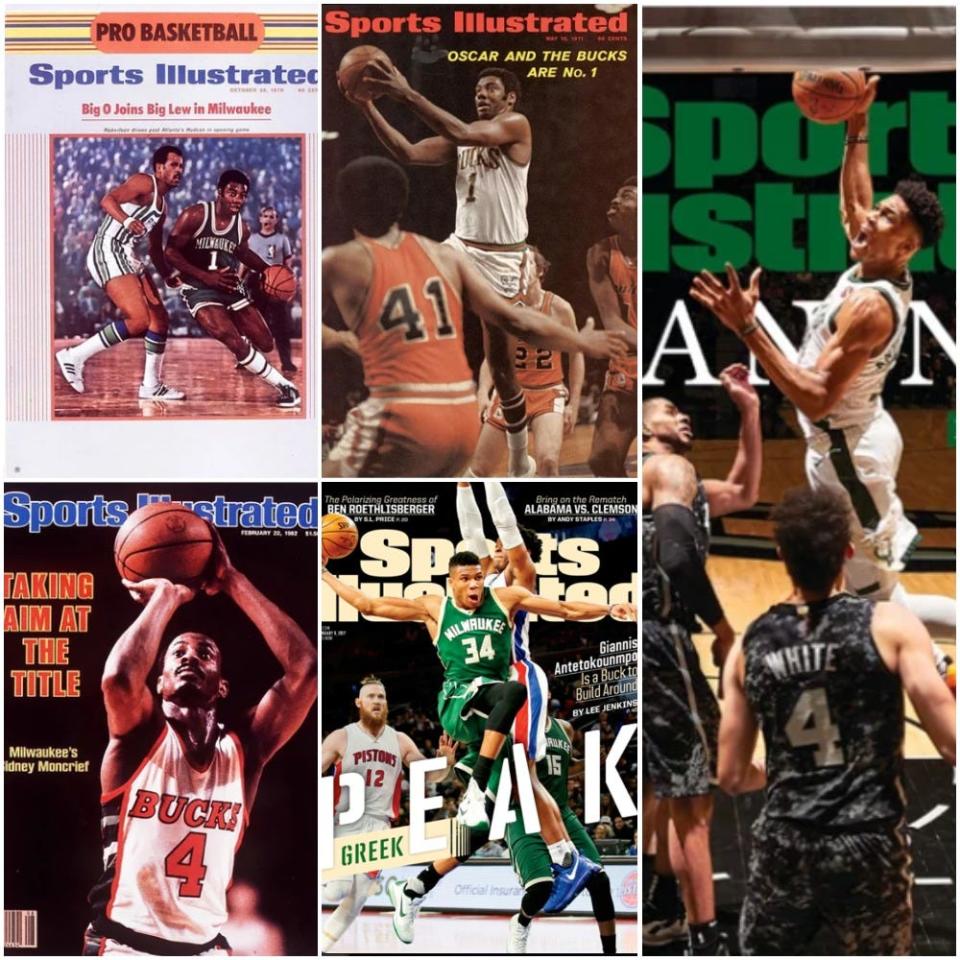 Kareem wasn't the only Bucks player to appear on Sports Illustrated. Others have included (clockwise from upper left), Oscar Robertson twice, Giannis Antetokounmpo twice and Sidney Moncrief.