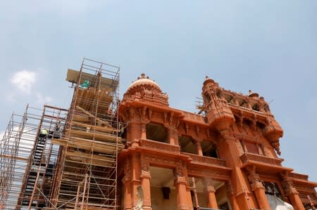 A general view shows the restoration work at the Baron Empain Palace, "Qasr el Baron" or The Hindu Palace, built in the 20th century by a Belgian industrialist Edouard Louis Joseph, also known as Baron Empain, in the Cairo's suburb Heliopolis