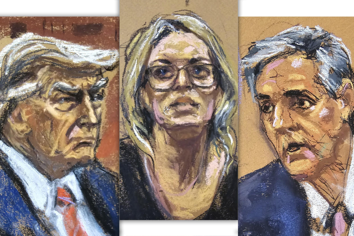 Trump, Daniels and Cohen. (Photo illustration: Yahoo News; photos: Jane Rosenberg/Reuters)