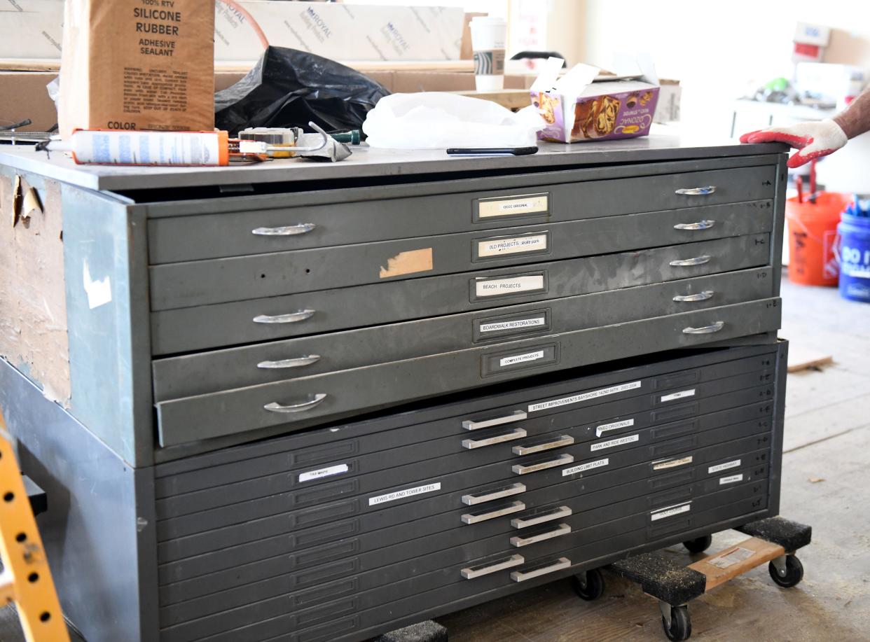 A piece of furniture donated by the engineering department that will hold maps and other large prints at the Museum of Ocean City Tuesday, April 30, 2024, at 217 S Baltimore Ave in Ocean City, Maryland.