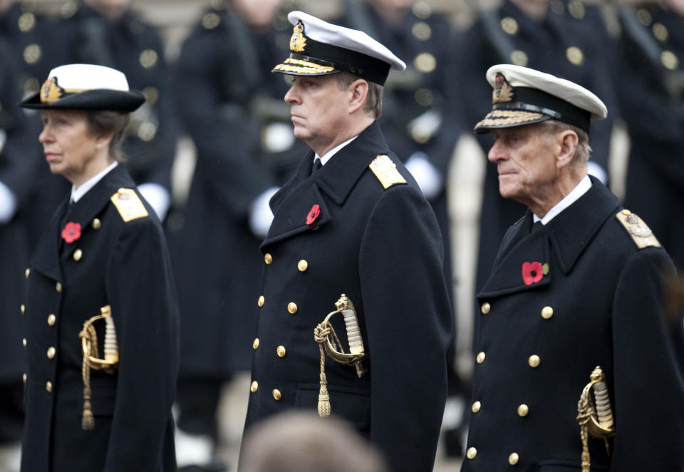Princess Anne, Prince Andrew and Duke of Edinburgh at the Remembrance Sunday ceremony at the Cenotaph, Whitehall, London.
