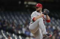 St. Louis Cardinals' Jon Lester pitches during the first inning of a baseball game against the Milwaukee Brewers, Monday, Sept. 20, 2021, in Milwaukee. (AP Photo/Aaron Gash)