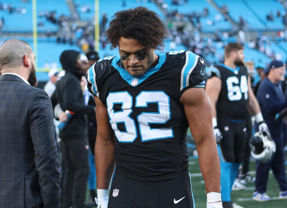 Tommy Tremble #82 of the Carolina Panthers reacts after a loss to the Dallas Cowboys at Bank of America Stadium on November 19, 2023 in Charlotte, North Carolina.