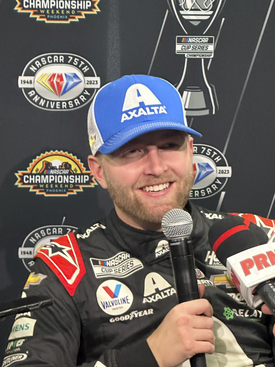 Driver William Bryon speaks during a news conference at Phoenix Raceway in Avondale, Ariz., Thursday, Nov. 2, 2023. NASCAR's finishes the season with the winner-take-all finale at Phoenix Raceway Sunday. (AP Photo/John Marshall)