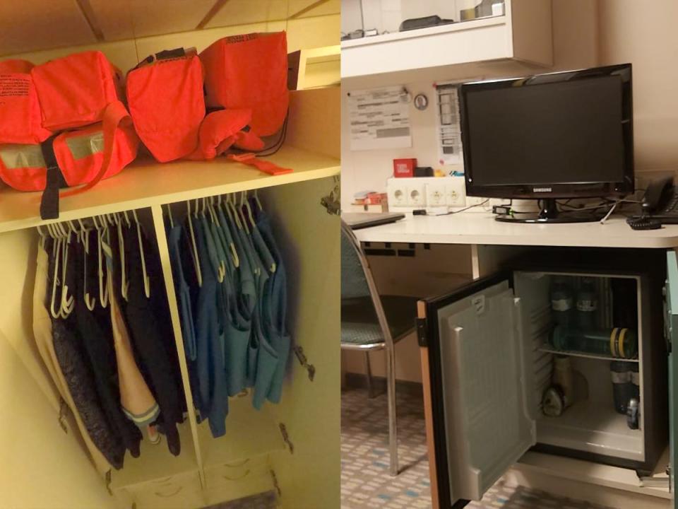a small closet with clothes hung and life vests on top next to a photo of a mini fridge with a tv above it