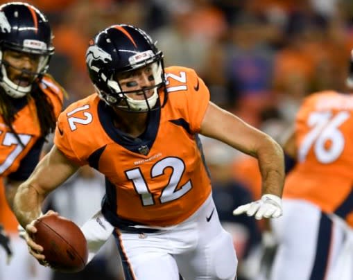 Paxton Lynch went 6-of-11 for 24 yards, was sacked once and threw an interception in Saturday’s preseason game against the Vikings. (AP)