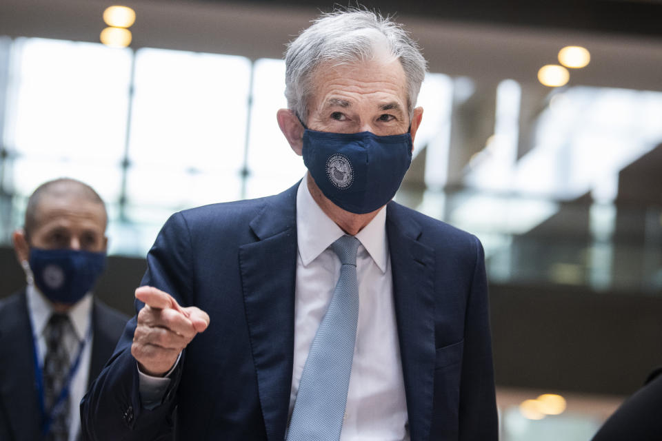 UNITED STATES - OCTOBER 6: Federal Reserve Chairman Jerome Powell leaves a meeting in the office of Sen. Chris Van Hollen, D-Md., in Hart Building on Wednesday, October 6, 2021. (Photo By Tom Williams/CQ-Roll Call, Inc via Getty Images)