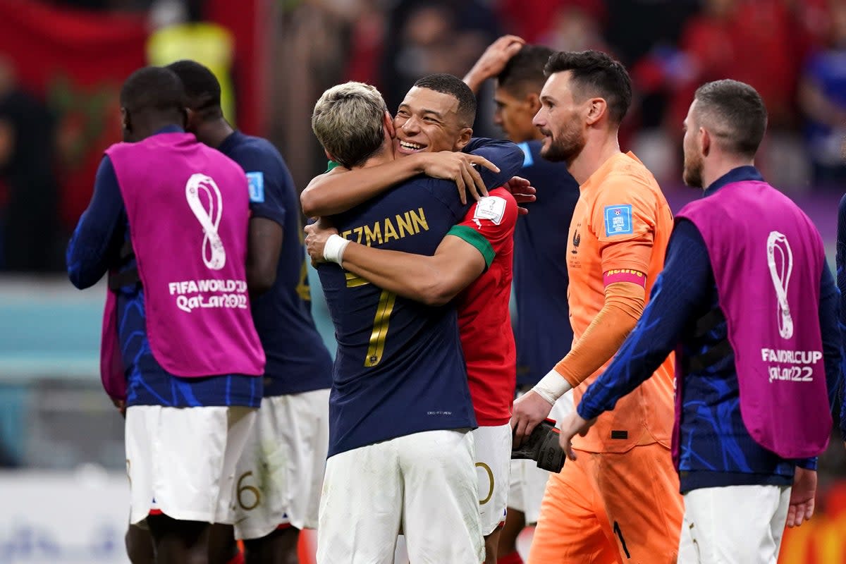 Kylian Mbappe and Antoine Griezmann celebrated with their France team-mates after reaching the final (Mike Egerton/PA) (PA Wire)