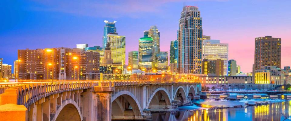 Minneapolis downtown skyline in Minnesota, USA at sunset