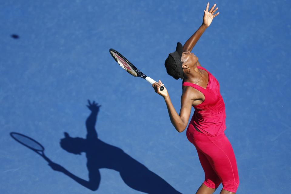 Venus Williams practices ahead of the of the 2014 U.S. Open tennis tournament, Sunday, Aug. 24, 2014, in New York. (AP Photo/Matt Rourke)