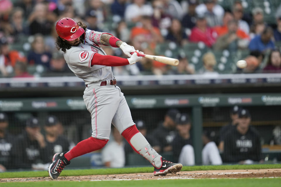 Cincinnati Reds' Jonathan India hits a two-run single against the Detroit Tigers in the second inning of a baseball game, Tuesday, Sept. 12, 2023, in Detroit. (AP Photo/Paul Sancya)