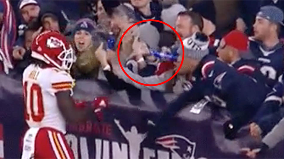 A New England Patriots fan doused Tyreek Hill in beer. Pic: NFL/Twitter