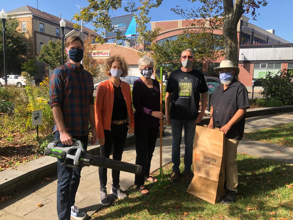 Peter Holm of Quiet Montclair, left, holds an electric leaf-blower, which his group maintains are a safer, quieter alternative to gas-powered leaf blowers and about as effective. Lynn Hendee, Deb Ellis and David Wasmuth are also supporters and board members of Quiet Montclair. Jose German-Gomez far right, is the founder of Montclair's Northeast Earth Coalition.