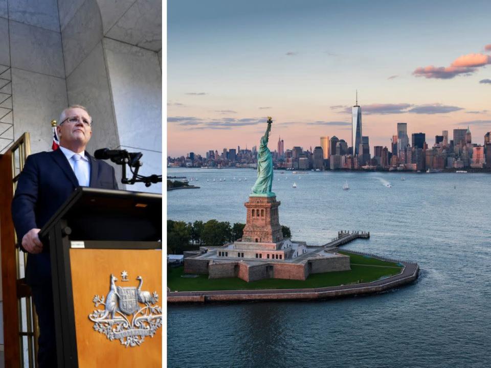 A photo of Prime Minister Scott Morrison and of the Statue of Liberty in New York, the city where most billionaires choose to live.